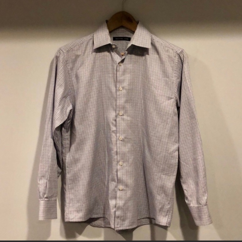 NEW Boys Size 16 Michael Kors Long Sleeve Dress Shirt. White & Blue Plaid Patch